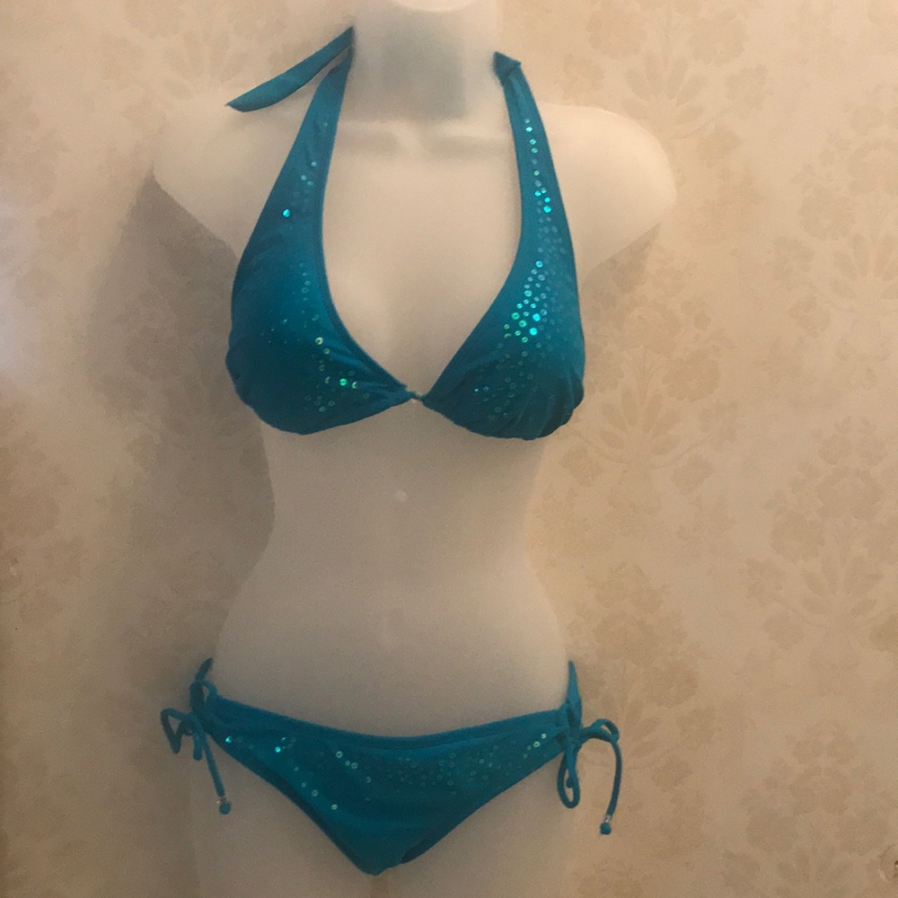 Blue Bikini with sequin detailing Top-L Bottom-S